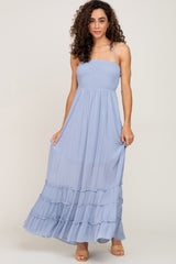 Light Blue Halter Smocked Maternity Maxi Dress