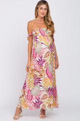 Multi-Color Tropical Leaf Smocked Off Shoulder Side Cutout Maternity Maxi Dress