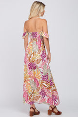 Multi-Color Tropical Leaf Smocked Off Shoulder Side Cutout Maxi Dress