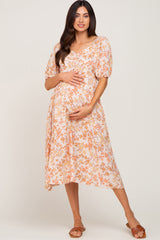 Cream Floral Cinched Bust Maternity Midi Dress