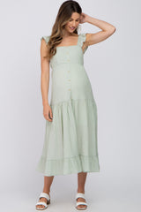 Mint Green Textured Stripe Squared Neck Tiered Maternity Midi Dress