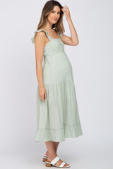 Mint Green Textured Stripe Squared Neck Tiered Maternity Midi Dress