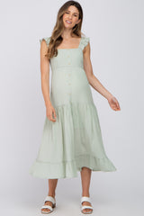 Mint Green Textured Stripe Squared Neck Tiered Maternity Midi Dress