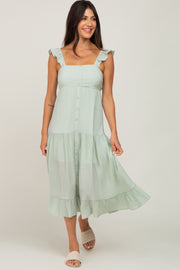 Mint Green Textured Stripe Squared Neck Tiered Midi Dress