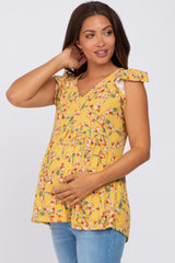 Yellow Floral Ribbed Ruffle Sleeve Maternity Top