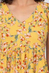 Yellow Floral Ribbed Ruffle Sleeve Top