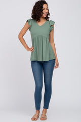 Light Olive Ribbed Ruffle Sleeve Top