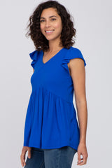 Royal Blue Ribbed Ruffle Sleeve Top