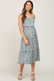 Light Olive Floral Strap Tie Ruffle Tiered Maternity Midi Dress