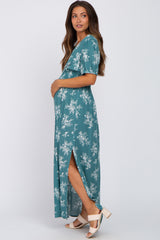 Teal Floral V-Neck Smocked Maternity Maxi Dress