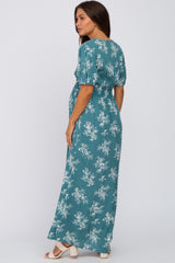 Teal Floral V-Neck Smocked Maternity Maxi Dress