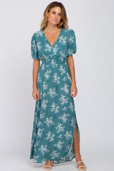 Teal Floral V-Neck Smocked Maternity Maxi Dress