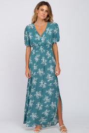 Teal Floral V-Neck Smocked Maxi Dress