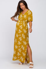 Yellow Floral V-Neck Smocked Maternity Maxi Dress