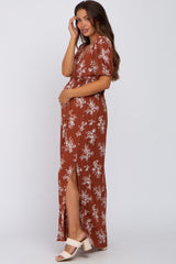 Rust Floral V-Neck Smocked Maternity Maxi Dress