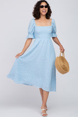 Light Blue Textured Smocked Midi Dress