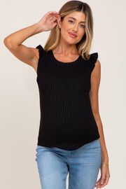 Black Ribbed Ruffle Shoulder Maternity Tank Top