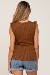 Brown Ribbed Ruffle Shoulder Maternity Tank Top