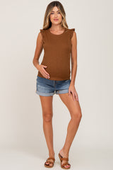 Brown Ribbed Ruffle Shoulder Maternity Tank Top