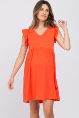 Coral Flutter Sleeve V-Neck Maternity Dress