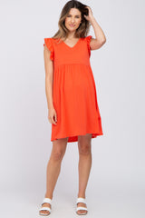 Coral Flutter Sleeve V-Neck Maternity Dress