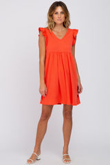 Coral Flutter Sleeve V-Neck Dress