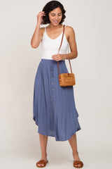 Navy Blue Button Front Accent Round Hem Maternity Midi Skirt