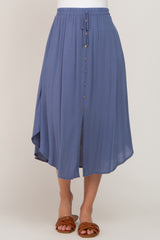 Navy Blue Button Front Accent Round Hem Midi Skirt