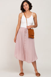 Mauve Button Front Accent Round Hem Midi Skirt