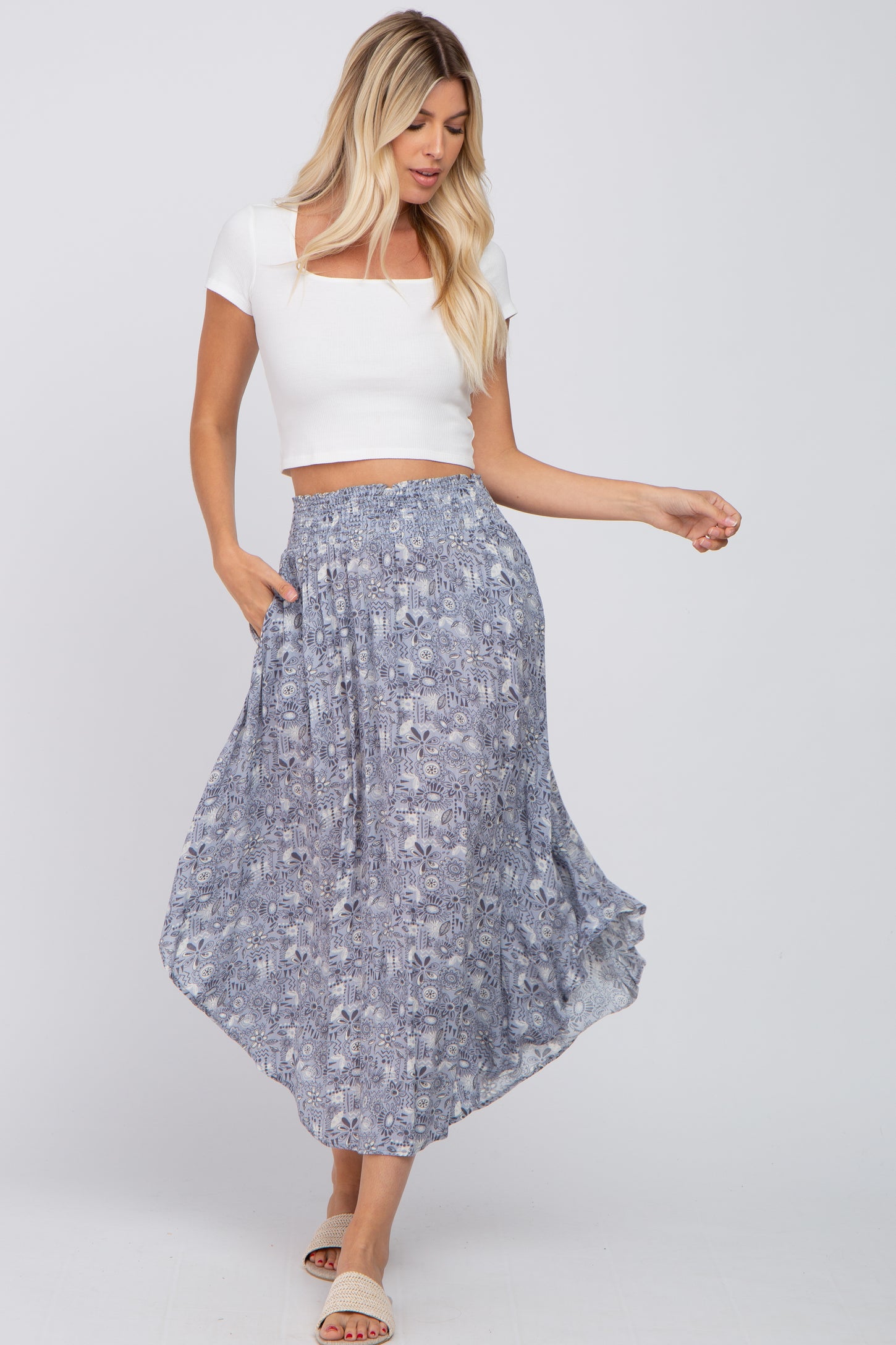 Blue Floral Round Hem Midi Skirt– PinkBlush