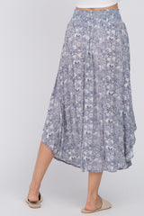 Blue Floral Round Hem Midi Skirt