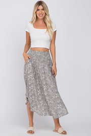 Light Olive Floral Round Hem Midi Skirt