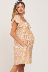 Peach Floral Front Tie Ruffle Short Sleeve Maternity Dress