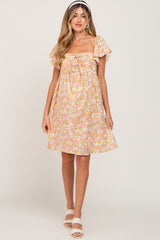 Peach Floral Front Tie Ruffle Short Sleeve Maternity Dress