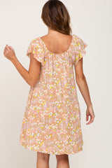 Peach Floral Front Tie Ruffle Short Sleeve Dress