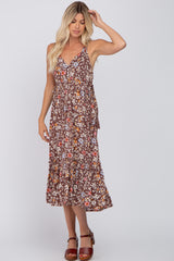 Brown Floral Empire Waist Ruffle Hem Maxi Dress