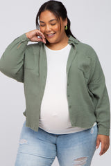 Olive Crepe Maternity Plus Button Up Shirt