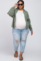 Olive Crepe Maternity Plus Button Up Shirt