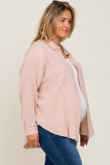 Light Pink Crepe Maternity Plus Button Up Shirt