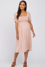 Pink Gingham Print Smocked Maternity Midi Dress