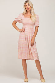 Pink Gingham Print Smocked Midi Dress