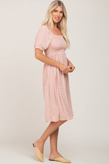 Pink Gingham Print Smocked Midi Dress