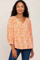 Coral Floral Paisley Button Front 3/4 Sleeve Blouse