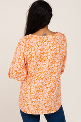 Coral Floral Paisley Button Front 3/4 Sleeve Blouse