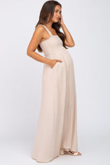 Beige Textured Smocked Maternity Maxi Dress