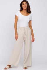 Beige Linen Smocked Waist Maternity Pants