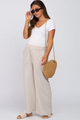 Beige Linen Smocked Waist Maternity Pants