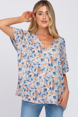 Blue Tropical Floral Short Dolman Sleeve Maternity Top