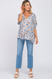 Blue Tropical Floral Short Dolman Sleeve Maternity Top