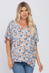 Blue Tropical Floral Short Dolman Sleeve Maternity Top